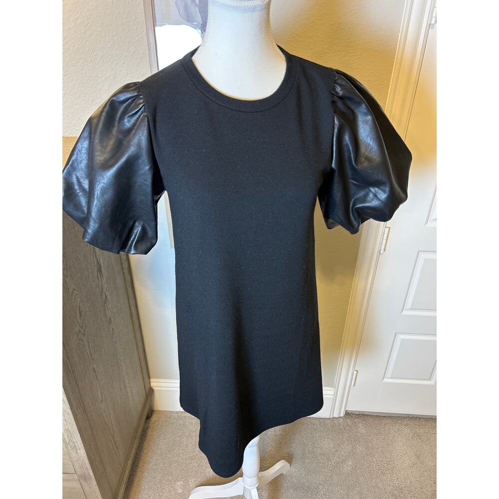 THML | Black Faux Leather Puff Sleeve Shirt Dress | Small - Picture 4 of 10
